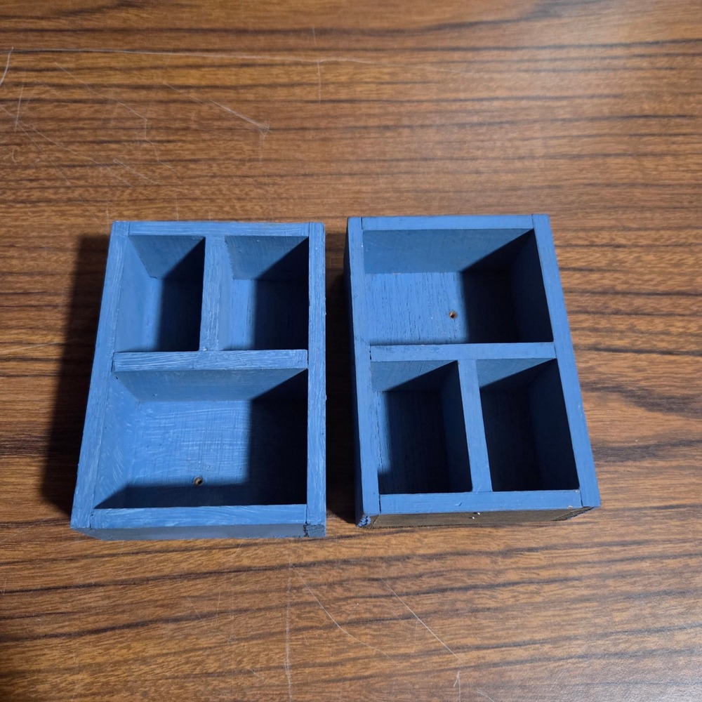 Vintage Blue Wooden Miniature Trinket Shelf Set Shadow Box Display 2 Piece